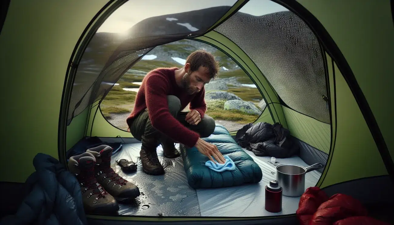 Camper in norwegian mountains wiping inside a tent to reduce condensation
