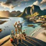 Family enjoying norwegian summer by fjord with mountains beach and midnight sun