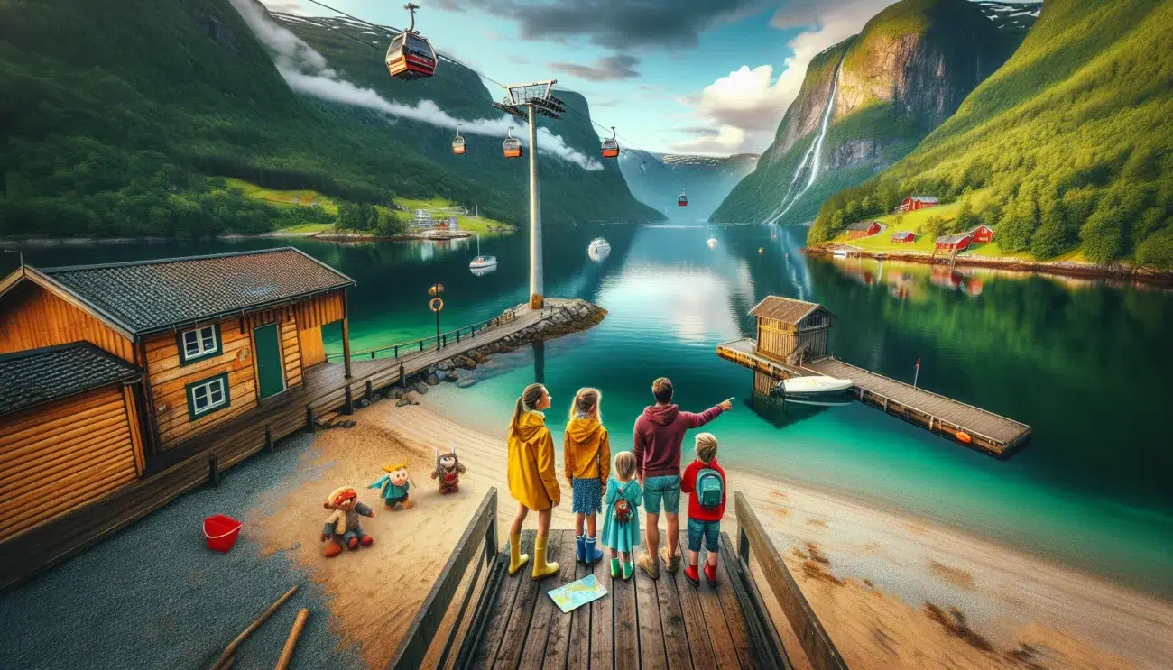 Family with children on a norwegian fjord pier mountains beach and city behind