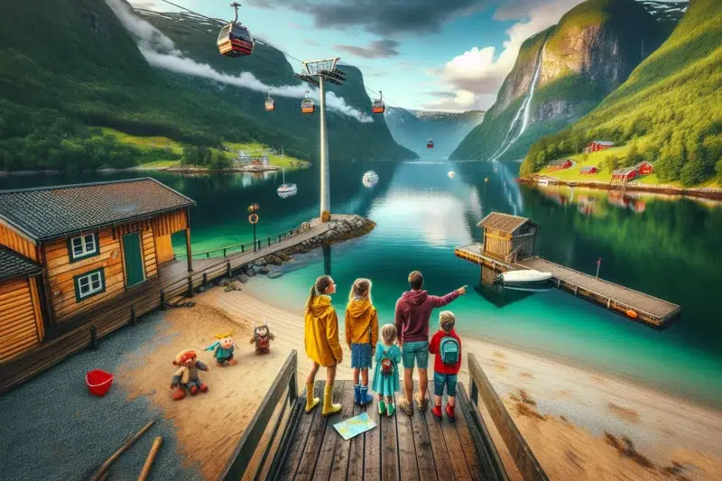 Family with children on a norwegian fjord pier mountains beach and city behind