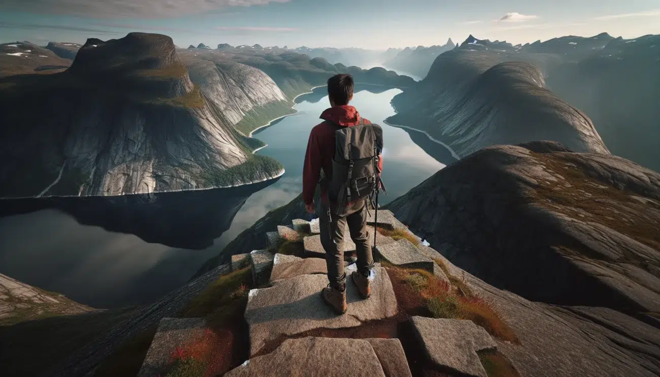 Hiker on saksa ridge overlooking hj rundfjorden and the pyramid peak of slogen