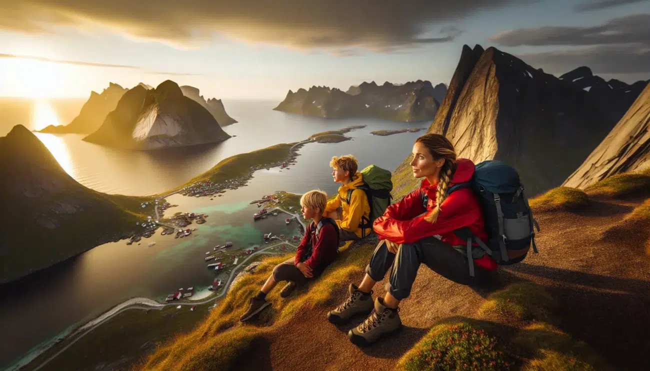 Hikers on ryten overlooking kvalvika beach and dramatic lofoten mountains in midnight sun