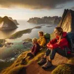 Hikers on ryten overlooking kvalvika beach and dramatic lofoten mountains in midnight sun