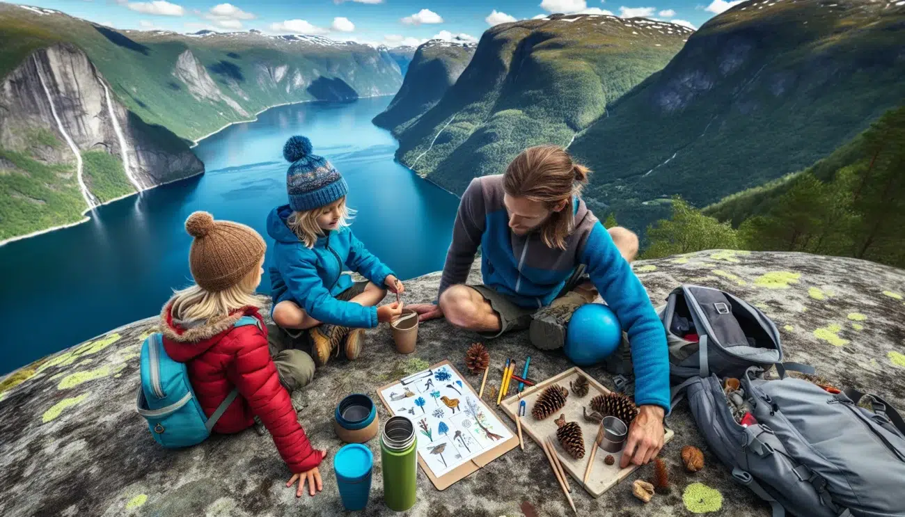 Norwegian family with children playing nature bingo on a fjordside hiking trail