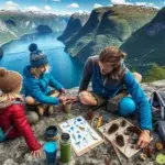 Norwegian family with children playing nature bingo on a fjordside hiking trail