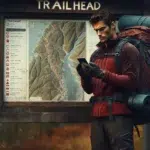 Norwegian hiker at mountain trailhead sending planned route details on his phone