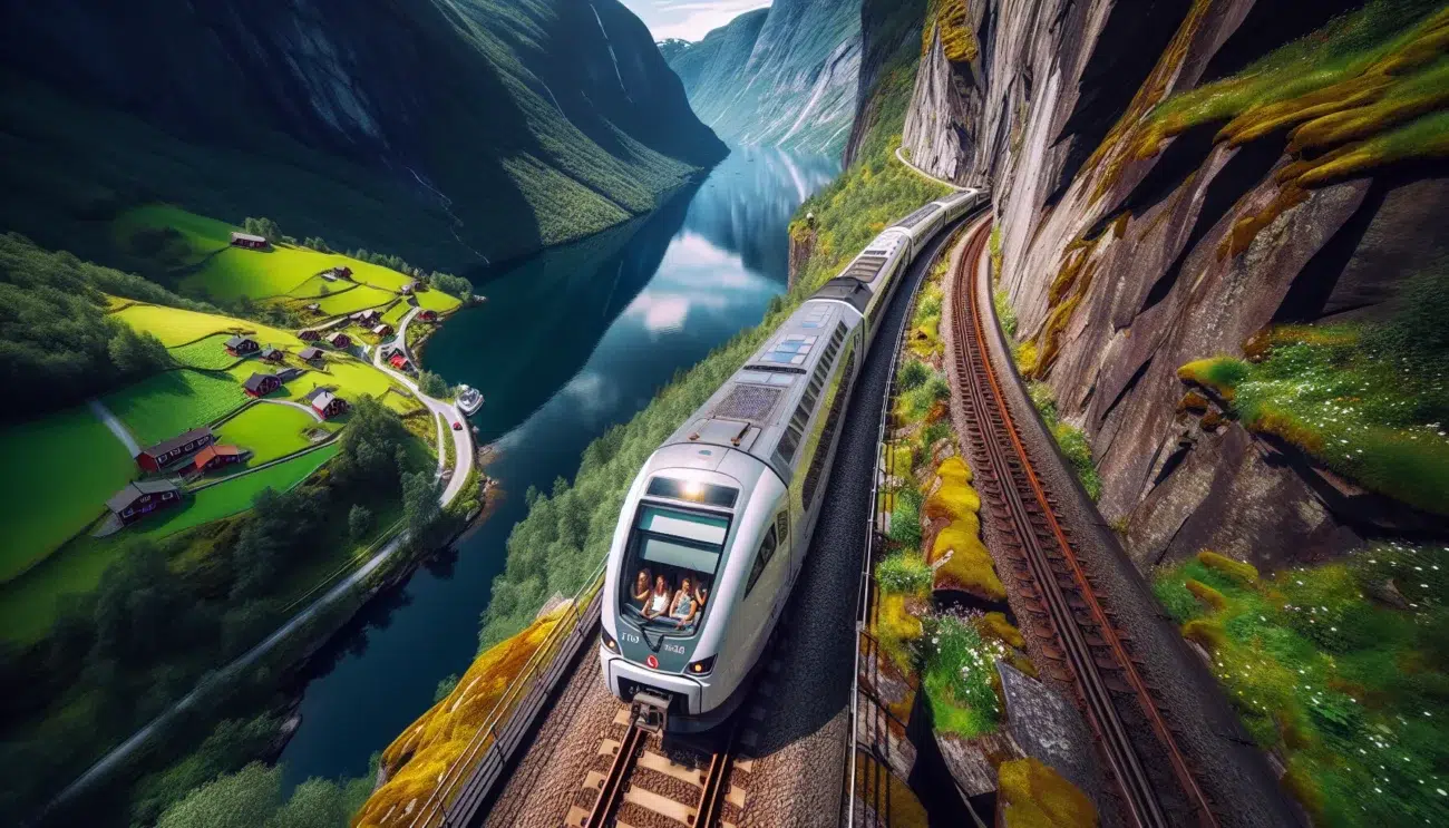Norwegian train curving along a mountainside above a fjord and distant snow peaks