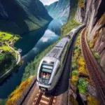 Norwegian train curving along a mountainside above a fjord and distant snow peaks