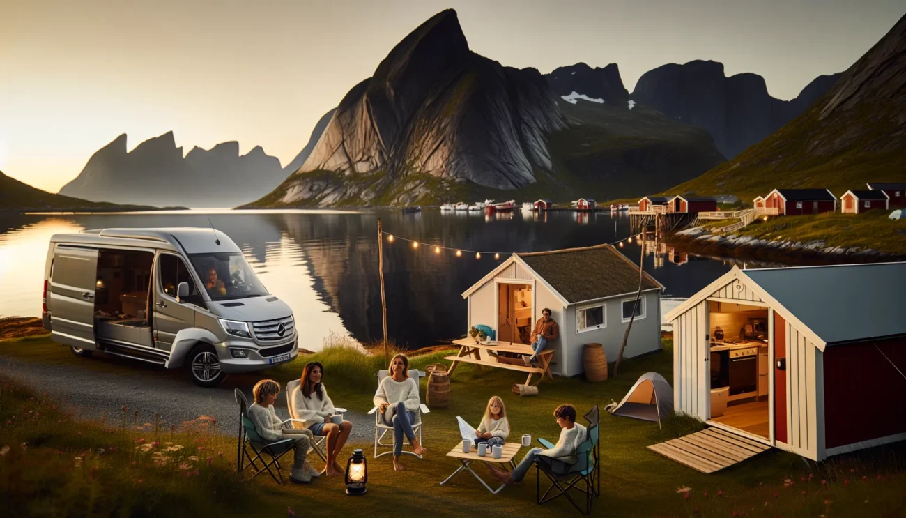 Summer campers by a norwegian fjord with tents cabins campervan and mountains